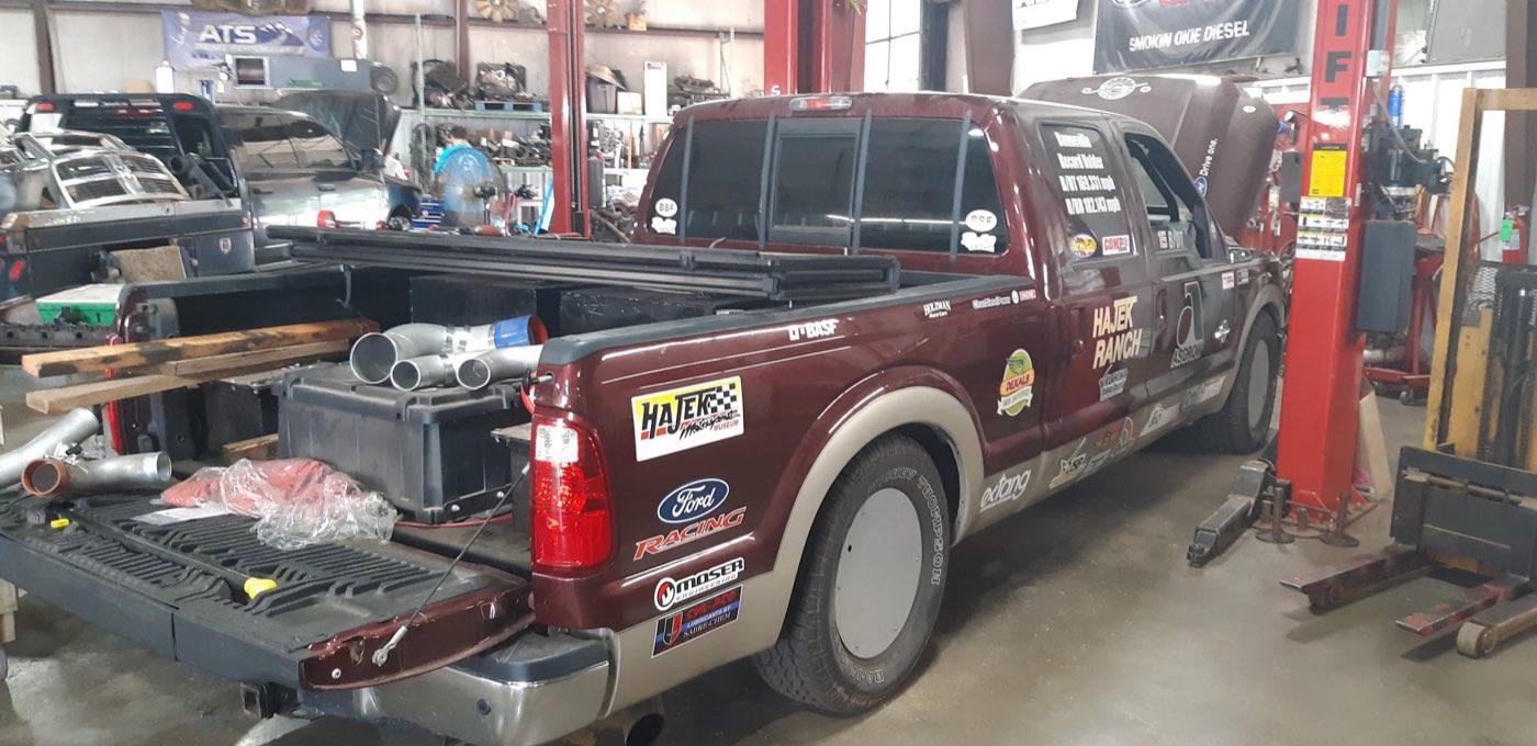 A performance diesel pickup in the Smokin Okie Diesel service bay
